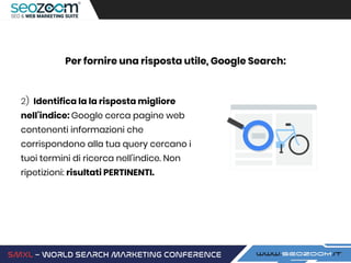 2) Identifica la la risposta migliore
nell’indice: Google cerca pagine web
contenenti informazioni che
corrispondono alla tua query cercano i
tuoi termini di ricerca nell'indice. Non
ripetizioni: risultati PERTINENTI.
Per fornire una risposta utile, Google Search:
 