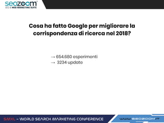 Cosa ha fatto Google per migliorare la
corrispondenza di ricerca nel 2018?
→ 654.680 esperimenti
→ 3234 update
 