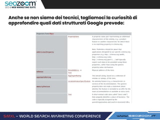 Anche se non siamo dei tecnici, togliamoci la curiosità di
approfondire quali dati strutturati Google prevede:
 