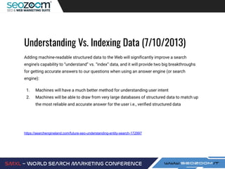 Understanding Vs. Indexing Data (7/10/2013)
Adding machine-readable structured data to the Web will signiﬁcantly improve a search
engine’s capability to “understand” vs. “index” data, and it will provide two big breakthroughs
for getting accurate answers to our questions when using an answer engine (or search
engine):
1. Machines will have a much better method for understanding user intent
2. Machines will be able to draw from very large databases of structured data to match up
the most reliable and accurate answer for the user i.e., veriﬁed structured data
https://searchengineland.com/future-seo-understanding-entity-search-172997
 