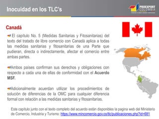 Inocuidad en los TLC’s

Canadá
   El capítulo No. 5 (Medidas Sanitarias y Fitosanitarias) del
texto del tratado de libre comercio con Canadá aplica a todas
las medidas sanitarias y fitosanitarias de una Parte que
pudieran, directa o indirectamente, afectar el comercio entre
ambas partes.

  Ambos países confirman sus derechos y obligaciones con
respecto a cada una de ellas de conformidad con el Acuerdo
MSF.

  Adicionalmente acuerdan utilizar los procedimientos de
solución de diferencias de la OMC para cualquier diferencia
formal con relación a las medidas sanitarias y fitosanitarias.

  Este capítulo junto con el texto completo del acuerdo están disponibles la pagina web del Ministerio
  de Comercio, Industria y Turismo: https://www.mincomercio.gov.co/tlc/publicaciones.php?id=681
 