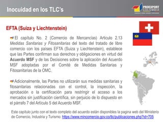 Inocuidad en los TLC’s

EFTA (Suiza y Liechtenstein)
    El capítulo No. 2 (Comercio de Mercancías) Articulo 2.13
 Medidas Sanitarias y Fitosanitarias del texto del tratado de libre
 comercio con los países EFTA (Suiza y Liechtenstein), establece
 que las Partes confirman sus derechos y obligaciones en virtud del
 Acuerdo MSF y de las Decisiones sobre la aplicación del Acuerdo
 MSF adoptadas por el Comité de Medidas Sanitarias y
 Fitosanitarias de la OMC.

     Adicionalmente, las Partes no utilizarán sus medidas sanitarias y
 fitosanitarias relacionadas con el control, la inspección, la
 aprobación o la certificación para restringir el acceso a los
 mercados sin justificación científica, sin perjuicio de lo dispuesto en
 el párrafo 7 del Artículo 5 del Acuerdo MSF.
  Este capítulo junto con el texto completo del acuerdo están disponibles la pagina web del Ministerio
  de Comercio, Industria y Turismo: https://www.mincomercio.gov.co/tlc/publicaciones.php?id=705
 