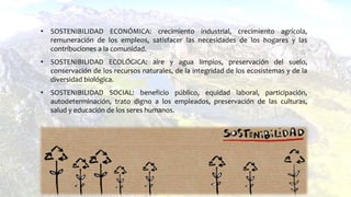 • SOSTENIBILIDAD ECONÓMICA: crecimiento industrial, crecimiento agrícola,
remuneración de los empleos, satisfacer las necesidades de los hogares y las
contribuciones a la comunidad.
• SOSTENIBILIDAD ECOLÓGICA: aire y agua limpios, preservación del suelo,
conservación de los recursos naturales, de la integridad de los ecosistemas y de la
diversidad biológica.
• SOSTENIBILIDAD SOCIAL: beneficio público, equidad laboral, participación,
autodeterminación, trato digno a los empleados, preservación de las culturas,
salud y educación de los seres humanos.
 