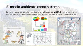 El medio ambiente como sistema.
La mejor forma de estudiar un sistema es elaborar un MODELO que lo represente
simplificadamente. Los modelos pueden ser mentales, verbales, gráficos, matemáticos, etc.
 