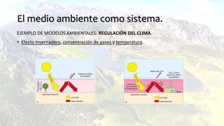 El medio ambiente como sistema.
EJEMPLO DE MODELOS AMBIENTALES: REGULACIÓN DEL CLIMA.
• Efecto invernadero, concentración de gases y temperatura.
 