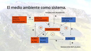 El medio ambiente como sistema.
GASES
EFECTO
INVERNADERO
EFECTO
INVERNADERO
NUBES
ALTAS
TEMPERATURA
SUPERFICIE
HELADA
ALBEDO
RADIACION INCIDENTE
RADIACIÓN REFLEJADA
NUBES
BAJAS
+
+
+
+
+
+
+
+
+
+
-
-
-
 