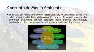 Concepto de Medio Ambiente
• El estudio del medio ambiente es interdisciplinar, ya que abarca temas que
deben ser abordados desde distintos puntos de vista, de los que se ocupan las
diferentes disciplinas: biología, geología, física, química, matemáticas,
ingeniería, arquitectura, geografía, ecología, economía, sociología, derecho…
 