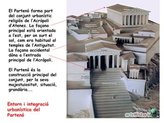 El Partenó forma part
del conjunt urbanístic
religiós de l’Acròpoli
d’Atenes. La façana
principal està orientada
a l’est, per on surt el
sol, com era habitual al
temples de l’Antiguitat.
La façana occidental
dóna a l’entrada
principal de l’Acròpoli.

El Partenó és la
construcció principal del
conjunt, per la seva
majestuiositat, situació,
grandària...


Entorn i integració
urbanística del
Partenó
 