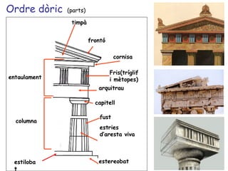 Ordre dòric   (parts)

               timpà


                        frontó

                                   cornisa

                               Fris(tríglif
entaulament                    i mètopes)
                           arquitrau

                          capitell

                            fust
  columna
                            estries
                            d’aresta viva



 estiloba                  estereobat
 t
 