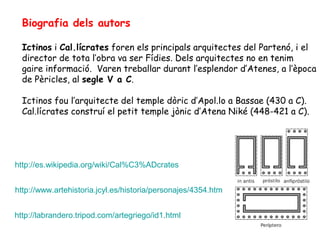 Biografia dels autors

  Ictinos i Cal.lícrates foren els principals arquitectes del Partenó, i el
  director de tota l’obra va ser Fídies. Dels arquitectes no en tenim
  gaire informació. Varen treballar durant l’esplendor d’Atenes, a l’època
  de Pèricles, al segle V a C.

  Ictinos fou l’arquitecte del temple dòric d’Apol.lo a Bassae (430 a C).
  Cal.lícrates construí el petit temple jònic d’Atena Niké (448-421 a C).




http://es.wikipedia.org/wiki/Cal%C3%ADcrates


http://www.artehistoria.jcyl.es/historia/personajes/4354.htm


http://labrandero.tripod.com/artegriego/id1.html
 