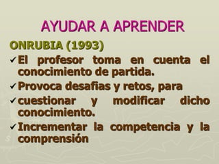 AYUDAR A APRENDER
ONRUBIA (1993)
 El profesor toma en cuenta el
  conocimiento de partida.
 Provoca desafias y retos, para
 cuestionar  y modificar dicho
  conocimiento.
 Incrementar la competencia y la
  comprensión
 