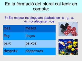 En la formació del plural cal tenir en compte: 3) Els masculins singulars acabats en -s, -ç, -x, -ix, -tx afegeixen  -os mes mesos llaç llaços peix peixos despatx despatxos 