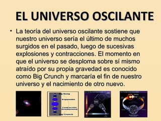 EL UNIVERSO OSCILANTE
• La teoría del universo oscilante sostiene que
  nuestro universo sería el último de muchos
  surgidos en el pasado, luego de sucesivas
  explosiones y contracciones. El momento en
  que el universo se desploma sobre sí mismo
  atraído por su propia gravedad es conocido
  como Big Crunch y marcaría el fin de nuestro
  universo y el nacimiento de otro nuevo.
 