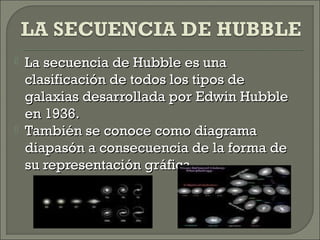    La secuencia de Hubble es una
    clasificación de todos los tipos de
    galaxias desarrollada por Edwin Hubble
    en 1936.
   También se conoce como diagrama
    diapasón a consecuencia de la forma de
    su representación gráfica.
 