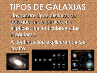    Hay cuatro tipos distintos de
    galaxias: las espirales, las
    elípticas, las lenticulares y las
    irregulares.
   A continuación explicaremos las
    cuatro.
 