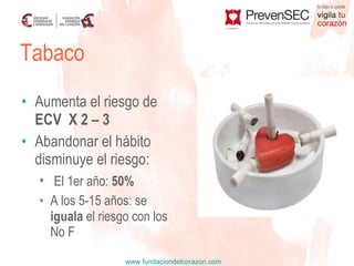 Aumenta el riesgo de  ECV  X 2 – 3  Abandonar el hábito disminuye el riesgo:  El 1er año:  50% A los 5-15 años: se  iguala  el riesgo con los No F Tabaco 