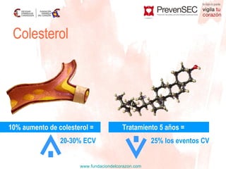 10% aumento de colesterol = 20-30% ECV Tratamiento 5 años = 25% los eventos CV Colesterol 