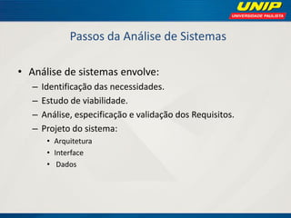 Passos da Análise de Sistemas 
•Análise de sistemas envolve: 
–Identificação das necessidades. 
–Estudo de viabilidade. 
–Análise, especificação e validação dos Requisitos. 
–Projeto do sistema: 
•Arquitetura 
•Interface 
• Dados  