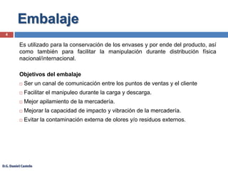 Embalaje4Es utilizado para la conservación de los envases y por ende del producto, así como también para facilitar la manipulación durante distribución física nacional/internacional.Objetivos del embalaje Ser un canal de comunicación entre los puntos de ventas y el cliente