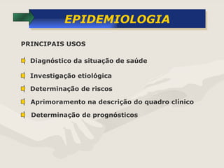 EPIDEMIOLOGIA PRINCIPAIS USOS Diagnóstico da situação de saúde  Investigação etiológica  Determinação de riscos  Aprimoramento na descrição do quadro clínico Determinação de prognósticos 