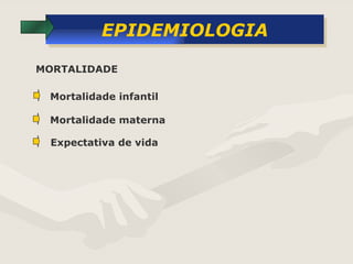 EPIDEMIOLOGIA Mortalidade infantil Mortalidade materna Expectativa de vida  MORTALIDADE 