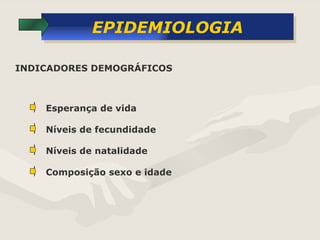 EPIDEMIOLOGIA Esperança de vida INDICADORES DEMOGRÁFICOS Níveis de fecundidade Níveis de natalidade Composição sexo e idade 