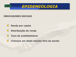 EPIDEMIOLOGIA Renda per capita INDICADORES SOCIAIS Distribuição de renda Taxa de analfabetismo Crianças em idade escolar fora da escola 