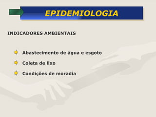 EPIDEMIOLOGIA Abastecimento de água e esgoto INDICADORES AMBIENTAIS Coleta de lixo Condições de moradia 