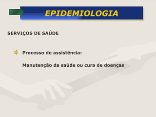 EPIDEMIOLOGIA Processo de assistência: Manutenção da saúde ou cura de doenças SERVIÇOS DE SAÚDE 