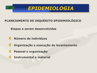 EPIDEMIOLOGIA Etapas a serem desenvolvidas PLANEJAMENTO DE INQUÉRITO EPIDEMIOLÓGICO Número de indivíduos Organização e execução do levantamento Pessoal e organização Instrumental e material 