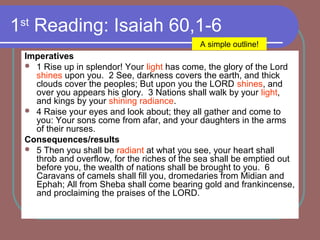1st
Reading: Isaiah 60,1-6
Imperatives
 1 Rise up in splendor! Your light has come, the glory of the Lord
shines upon you. 2 See, darkness covers the earth, and thick
clouds cover the peoples; But upon you the LORD shines, and
over you appears his glory. 3 Nations shall walk by your light,
and kings by your shining radiance.
 4 Raise your eyes and look about; they all gather and come to
you: Your sons come from afar, and your daughters in the arms
of their nurses.
Consequences/results
 5 Then you shall be radiant at what you see, your heart shall
throb and overflow, for the riches of the sea shall be emptied out
before you, the wealth of nations shall be brought to you. 6
Caravans of camels shall fill you, dromedaries from Midian and
Ephah; All from Sheba shall come bearing gold and frankincense,
and proclaiming the praises of the LORD.
A simple outline!
 