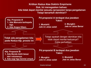 Kritikan Kedua Atas Doktrin Empirisme Klp. Proposisi  A 1. Ada Manusia berkepala  tiga. 2. Ada Angsa Hitam. Klp. Proposisi  B 1. Ada Benda lebih besar  dari volumenya. 2. Ada segi tiga bersisi empat. Tidak ada pengalaman kita  pada Kedua klp. prosisi ini Dok. Ini menegaskan bahwa:  kita tidak dapat menilai sesuatu (proposisi) tanpa pengalaman Tetapi benarkah demikian? Tetapi apakah dengan demikian kita tidak dapat menilai keduanya?  Coba perhatikan Pd proposisi A terdapat dua jawaban  Yakni: 1. Mustahil. Jwb ini Jelas salah 2. Mungkin Jwb ini Jelas Benar Pd proposisi B terdapat dua jawaban  Yakni: 1. Mungkin Jwb ini Jelas salah 2. Mustahil Jwb ini Jelas Benar 