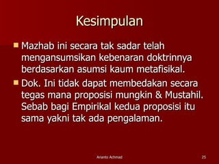 Kesimpulan Mazhab ini secara tak sadar telah mengansumsikan kebenaran doktrinnya berdasarkan asumsi kaum metafisikal. Dok. Ini tidak dapat membedakan secara tegas mana proposisi mungkin & Mustahil. Sebab bagi Empirikal kedua proposisi itu sama yakni tak ada pengalaman. 