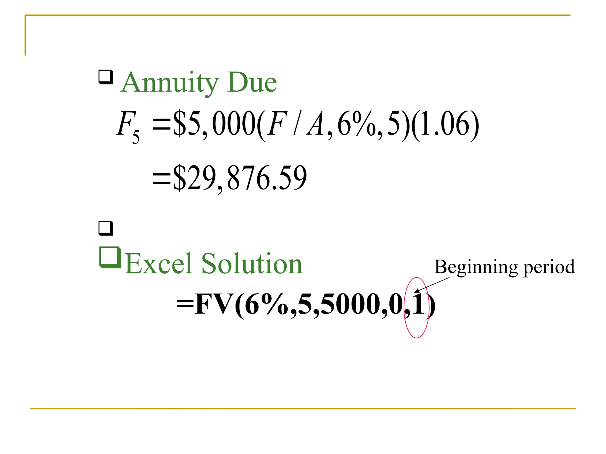 5 $5,000( / ,6%,5)(1.06)
$29,876.59
F F A


 Annuity Due

Excel Solution
=FV(6%,5,5000,0,1)
Beginning period
 