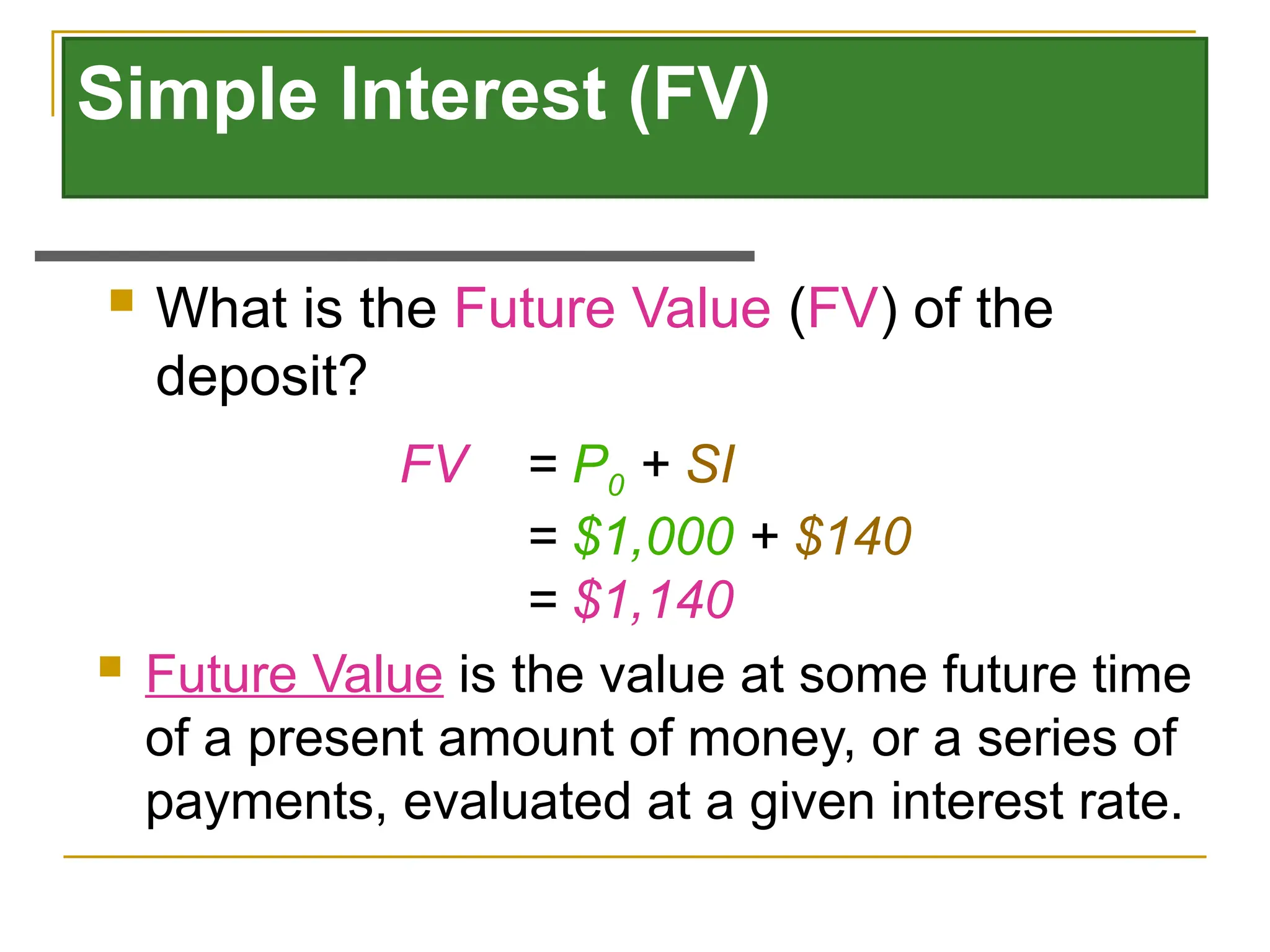 Simple Interest (FV)
FV = P0 + SI
= $1,000 + $140
= $1,140
 Future Value is the value at some future time
of a present amount of money, or a series of
payments, evaluated at a given interest rate.
 What is the Future Value (FV) of the
deposit?
 