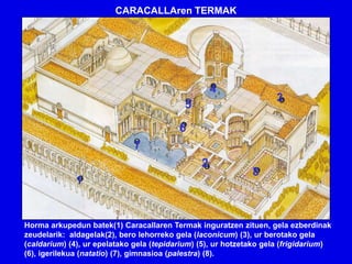 CARACALLAren TERMAK




                                                    4
                                                                     3
                                           5
                                          6
                              7
                                                2
                                                              8
              1


Horma arkupedun batek(1) Caracallaren Termak inguratzen zituen, gela ezberdinak
zeudelarik: aldagelak(2), bero lehorreko gela (laconicum) (3), ur berotako gela
(caldarium) (4), ur epelatako gela (tepidarium) (5), ur hotzetako gela (frigidarium)
(6), igerilekua (natatio) (7), gimnasioa (palestra) (8).
 