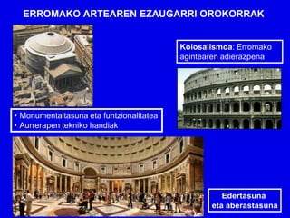 ERROMAKO ARTEAREN EZAUGARRI OROKORRAK


                                          Kolosalismoa: Erromako
                                          agintearen adierazpena




• Monumentaltasuna eta funtzionalitatea
• Aurrerapen tekniko handiak




                                                    Edertasuna
                                                 eta aberastasuna
 