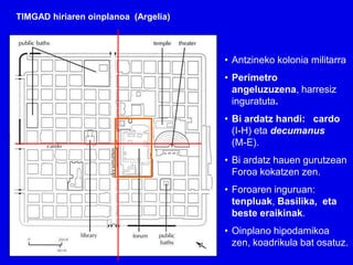 TIMGAD hiriaren oinplanoa (Argelia)



                                      • Antzineko kolonia militarra
                                      • Perimetro
                                        angeluzuzena, harresiz
                                        inguratuta.
                                      • Bi ardatz handi: cardo
                                        (I-H) eta decumanus
                                        (M-E).
                                      • Bi ardatz hauen gurutzean
                                        Foroa kokatzen zen.
                                      • Foroaren inguruan:
                                        tenpluak, Basilika, eta
                                        beste eraikinak.
                                      • Oinplano hipodamikoa
                                        zen, koadrikula bat osatuz.
 