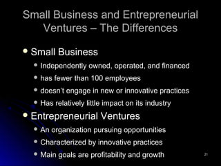 2121
Small Business and EntrepreneurialSmall Business and Entrepreneurial
Ventures – The DifferencesVentures – The Differe...