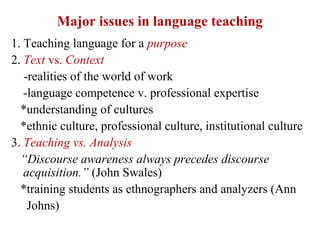 Major issues in language teaching
1. Teaching language for a purpose
2. Text vs. Context
   -realities of the world of work
   -language competence v. professional expertise
  *understanding of cultures
  *ethnic culture, professional culture, institutional culture
3. Teaching vs. Analysis
  “Discourse awareness always precedes discourse
   acquisition.” (John Swales)
  *training students as ethnographers and analyzers (Ann
    Johns)
 