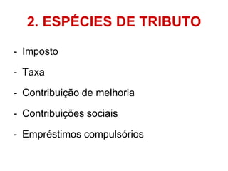 2. ESPÉCIES DE TRIBUTO

- Imposto

- Taxa

- Contribuição de melhoria

- Contribuições sociais

- Empréstimos compulsórios
 