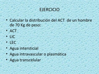 EJERCICIO

• Calcular la distribución del ACT de un hombre
  de 70 Kg de peso:
• ACT
• LIC
• LEC
• Agua intersticial
• Agua intravascular o plasmática
• Agua transcelular
 