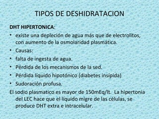 TIPOS DE DESHIDRATACION
DHT HIPERTONICA:
• existe una depleción de agua más que de electrolitos,
   con aumento de la osmolaridad plasmática.
• Causas:
• falta de ingesta de agua.
• Pérdida de los mecanismos de la sed.
• Pérdida líquido hipotónico (diabetes insípida)
• Sudoración profusa.
El sodio plasmatico es mayor de 150mEq/lt. La hipertonia
   del LEC hace que el líquido migre de las células, se
   produce DHT extra e intracelular.
 