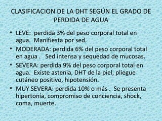 CLASIFICACION DE LA DHT SEGÚN EL GRADO DE
             PERDIDA DE AGUA
• LEVE: perdida 3% del peso corporal total en
  agua. Manifiesta por sed.
• MODERADA: perdida 6% del peso corporal total
  en agua . Sed intensa y sequedad de mucosas.
• SEVERA: perdida 9% del peso corporal total en
  agua. Existe astenia, DHT de la piel, pliegue
  cutáneo positivo, hipotensión.
• MUY SEVERA: perdida 10% o más . Se presenta
  hipertonía, compromiso de conciencia, shock,
  coma, muerte.
 