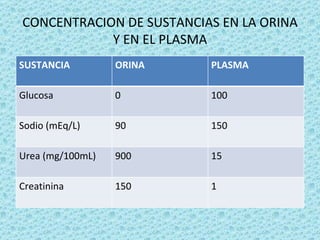 CONCENTRACION DE SUSTANCIAS EN LA ORINA
            Y EN EL PLASMA
SUSTANCIA         ORINA   PLASMA

Glucosa           0       100

Sodio (mEq/L)     90      150

Urea (mg/100mL)   900     15

Creatinina        150     1
 