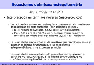 Ecuaciones químicas: estequiometríaEcuaciones químicas: estequiometría
2 2 22H ( ) + O ( ) 2H O( )g g l→
• Interpretación en términos molares (macroscópicos)Interpretación en términos molares (macroscópicos)
– Un mol de dos sustancias cualesquiera contiene el mismo númeroUn mol de dos sustancias cualesquiera contiene el mismo número
de moléculas de cada sustancia –por definición de mol-.de moléculas de cada sustancia –por definición de mol-.
• NNAA, el número de Avogadro, 6,0221418 x 10, el número de Avogadro, 6,0221418 x 102323
moléculas/molmoléculas/mol
• P.ej., 2,016 g de HP.ej., 2,016 g de H22 y 32,00 g de Oy 32,00 g de O22 tienen el mismo número detienen el mismo número de
moléculas con cuatro cifras significativas (6,022 x 10moléculas con cuatro cifras significativas (6,022 x 102323
moléculas)moléculas)
– Las cantidades macroscópicas de reactivos que reaccionan entre síLas cantidades macroscópicas de reactivos que reaccionan entre sí
guardan la misma proporción que los coeficientesguardan la misma proporción que los coeficientes
estequiométricos, si se expresan en molesestequiométricos, si se expresan en moles
– Las cantidades macroscópicas de productos que se generan aLas cantidades macroscópicas de productos que se generan a
partir de los reactivos guardan la misma proporción que lospartir de los reactivos guardan la misma proporción que los
coeficientes estequiométricos, si se expresan en molescoeficientes estequiométricos, si se expresan en moles
 