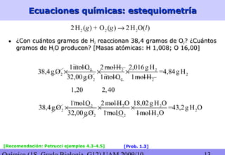 Ecuaciones químicas: estequiometríaEcuaciones químicas: estequiometría
2 2 22H ( ) + O ( ) 2H O( )g g l→
• ¿Con cuántos gramos de H¿Con cuántos gramos de H22 reaccionan 38,4 gramos de Oreaccionan 38,4 gramos de O22? ¿Cuántos? ¿Cuántos
gramos de Hgramos de H22O producen? [Masas atómicas: H 1,008; O 16,00]O producen? [Masas atómicas: H 1,008; O 16,00]
2 2 2
2 2
2 2 2
1molO 2molH 2,016g H
38,4gO =4,84g H
32,00gO 1molO 1molH
× × ×
1,20 2,40
2 2 2
2 2
2 2 2
1molO 2molH O 18,02g H O
38,4gO =43,2g H O
32,00gO 1molO 1molH O
× × ×
[Recomendación: Petrucci ejemplos 4.3-4.5] [Prob. 1.3]
 