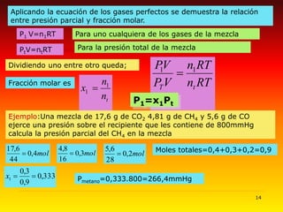 14
Aplicando la ecuación de los gases perfectos se demuestra la relación
entre presión parcial y fracción molar.
P1 V=n1RT...