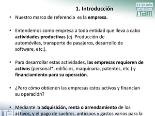 1. Introducción
• Nuestro marco de referencia es la empresa.

• Entendemos como empresa a toda entidad que lleva a cabo
  actividades productivas (ej. Producción de
  automóviles, transporte de pasajeros, desarrollo de
  software, etc.).

• Para desarrollar estas actividades, las empresas requieren de
  activos (personal*, edificios, maquinaria, patentes, etc.) y
  financiamiento para su operación.

• ¿Pero cómo obtienen las empresas estos activos y financian
  su operación?

• Mediante la adquisición, renta o arrendamiento de los
  activos, y el pago de sueldos, anticipos y gastos varios para la
 