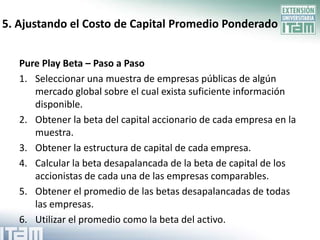5. Ajustando el Costo de Capital Promedio Ponderado


   Pure Play Beta – Paso a Paso
   1. Seleccionar una muestra de empresas públicas de algún
      mercado global sobre el cual exista suficiente información
      disponible.
   2. Obtener la beta del capital accionario de cada empresa en la
      muestra.
   3. Obtener la estructura de capital de cada empresa.
   4. Calcular la beta desapalancada de la beta de capital de los
      accionistas de cada una de las empresas comparables.
   5. Obtener el promedio de las betas desapalancadas de todas
      las empresas.
   6. Utilizar el promedio como la beta del activo.
 